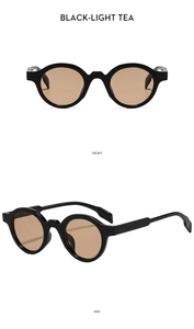 Front and side view of classic black round sunglasses with light tea lenses