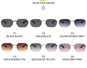 Detailed grid view of metal polygonal sunglasses in six gradient lens color variations