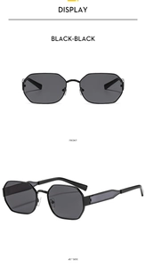 Front and 45-degree side views of black polygonal metal sunglasses with geometric temples