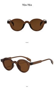 Front and side view of retro round tea-colored sunglasses with metal hinge detail