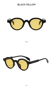 Front and side view of retro round sunglasses with black frames and yellow lenses