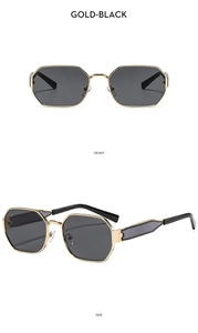 Front and side views of gold-framed polygonal sunglasses with dark lenses