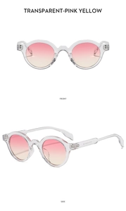 Front and side views of vintage round transparent sunglasses with pink to yellow gradient lenses