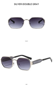 Silver polygonal sunglasses with gray gradient lenses shown in front and side views