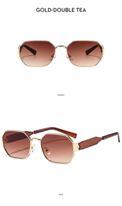 Detailed front and side views of gold polygonal metal sunglasses with brown gradient lenses