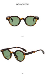 Front and side view of demi-green tortoiseshell round sunglasses with dark green lenses