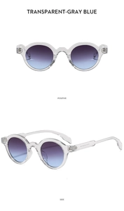 Front and side views of stylish grey-blue sunglasses with gradient purple lenses