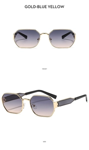 Front and side views of polygon metal sunglasses with gold frame and blue-yellow gradient lenses
