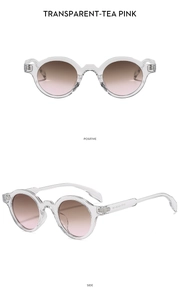 Detail view of transparent tea pink round sunglasses with front and side perspective