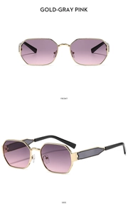 Detailed front and side views of gold polygonal sunglasses with gray-pink gradient lenses