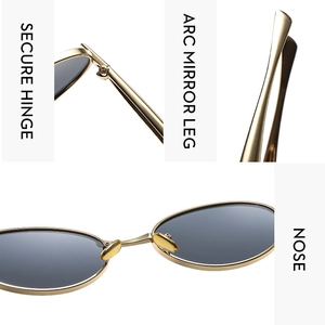 Detailed close-up of secure hinges and ergonomic curved legs of gold metal oval sunglasses