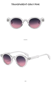 Detailed front and side views of round transparent gray sunglasses with pink gradient lenses