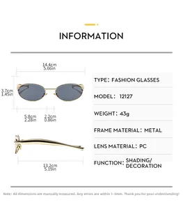 Detailed size chart for oval metal sunglasses showing dimensions and product specifications