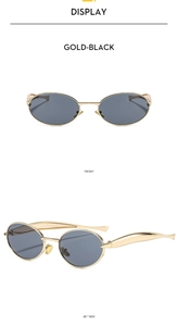 Front and side view of gold oval metal sunglasses with black lenses and slim frames