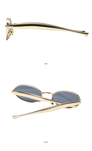 Detailed side and back views of gold oval sunglasses with metal frames and grey lenses