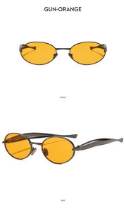 Front and side views of gun-metal oval sunglasses with vibrant orange lenses