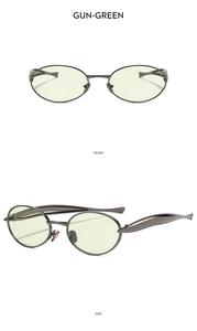 Front and side views of oval metal sunglasses with gunmetal frames and green lenses
