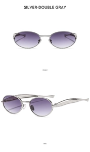 Front and side views of silver oval metal sunglasses with purple gradient lenses