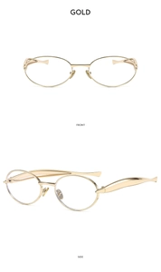 Front and side views of vintage oval gold metal sunglasses with wide streamlined temples