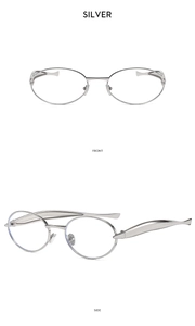 Front and side view of oval silver metal sunglasses with wide streamlined temples
