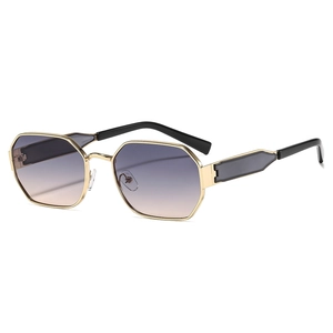 Polygonal gold metal sunglasses with purple gradient lenses on white background