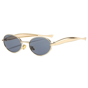 Oval gold metal sunglasses with grey lenses and wide temples for women and men