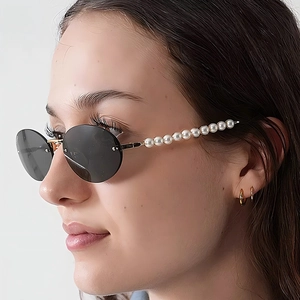 Lunettes De Soleil Ovales Sans Monture Pour Femmes UV400 Mode Monture En Métal Avec Branches En Künstliche Perles Élégantes