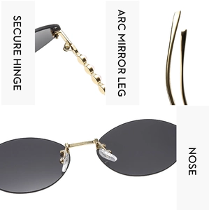 Détails des charnières dorées et des perles sur les lunettes de soleil ovales sans monture