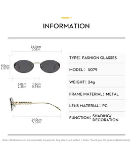 Tableau des tailles détaillé pour lunettes de soleil ovales sans monture avec perles