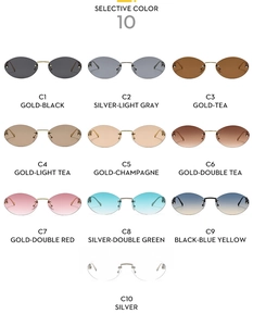 Aperçu détaillé de dix lunettes de soleil ovales sans monture aux couleurs variées