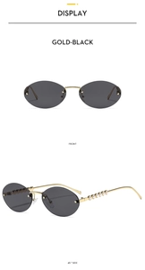 Détails de face et de profil de lunettes de soleil ovales sans monture avec perles dorées