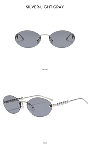 Vues détaillées de lunettes de soleil ovales sans monture argentée et décor perle
