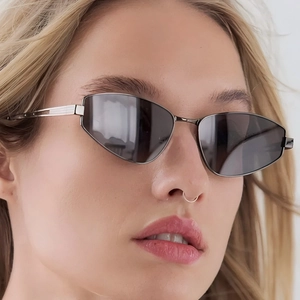 Fashionable cat eye sunglasses with silver metal frames and dark lenses on a model