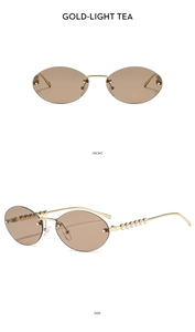 Détails de lunettes de soleil ovales sans monture, verres thé doré et branches en perles