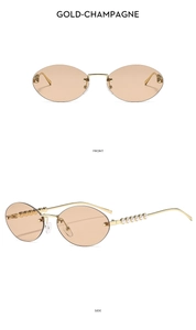 Vues de face et de côté de lunettes de soleil ovales sans monture avec perles et doré champagne