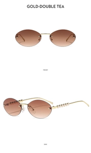 Détail de lunettes de soleil sans monture dorées avec verres thé et perles chic