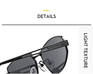 Detail of metal hinge with triple-stripe design and soft nose pads on cat eye sunglasses