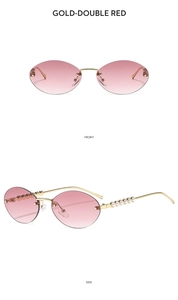 Vue détaillée de lunettes de soleil ovales sans monture dorées avec perles de luxe