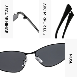 Detail view of secure metal hinges, curved mirror legs and soft nose pads on sunglasses