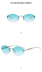 Détail de lunettes de soleil sans monture argentées avec verres dégradés et perles