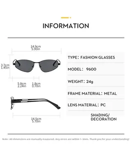 Detailed dimension chart showing metal cat-eye sunglasses with precise frame measurements