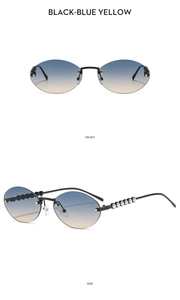 Détail de lunettes de soleil ovales sans monture, verres dégradés et branches perlées