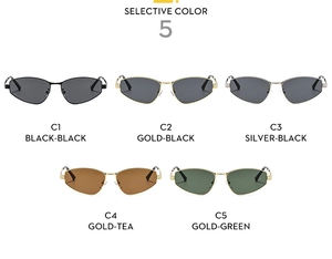 Selective color chart showing five metal cat-eye sunglasses variants with SKU codes