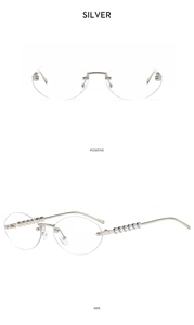 Détail des lunettes de soleil ovales sans monture argentées avec perles sur les branches