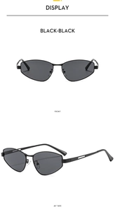 Detailed views of black cat-eye sunglasses with metal frames and non-slip ribbed temples
