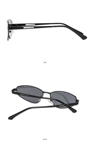 Detail view of thin metal cat-eye sunglasses with side and back angles of frame construction