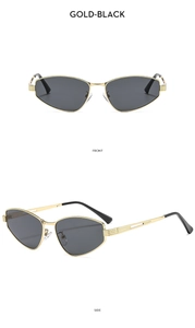Detailed front and side views of gold cat-eye sunglasses with dark black lenses