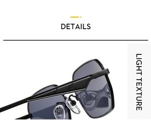 Close-up of geometric metal temples and black frame connection on modern sunglasses