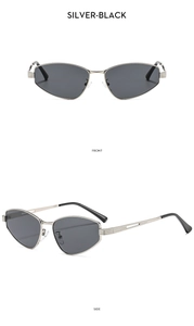 Front and side views of silver metal cat-eye sunglasses with geometric hollow frames