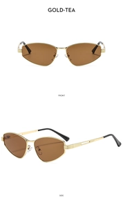 Detailed front and side views of gold metal cat-eye sunglasses with tea lenses